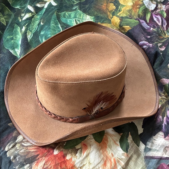 Other - Men's Suede Western Cowboy Hat in Brown with Feather Trim